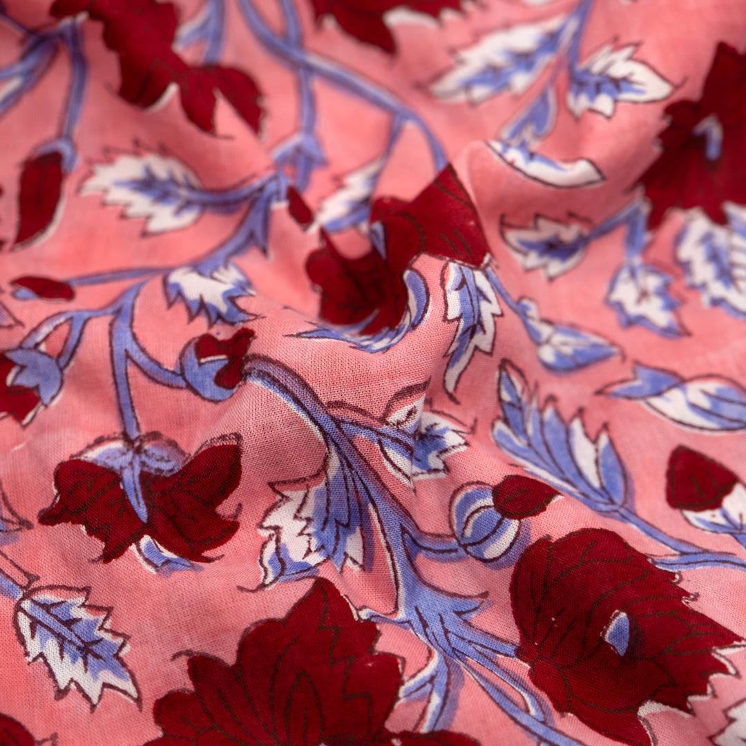 Tapestry Block Printed Organic Cotton Batiste - Rose/Bluebell/Crimson | Blackbird Fabrics