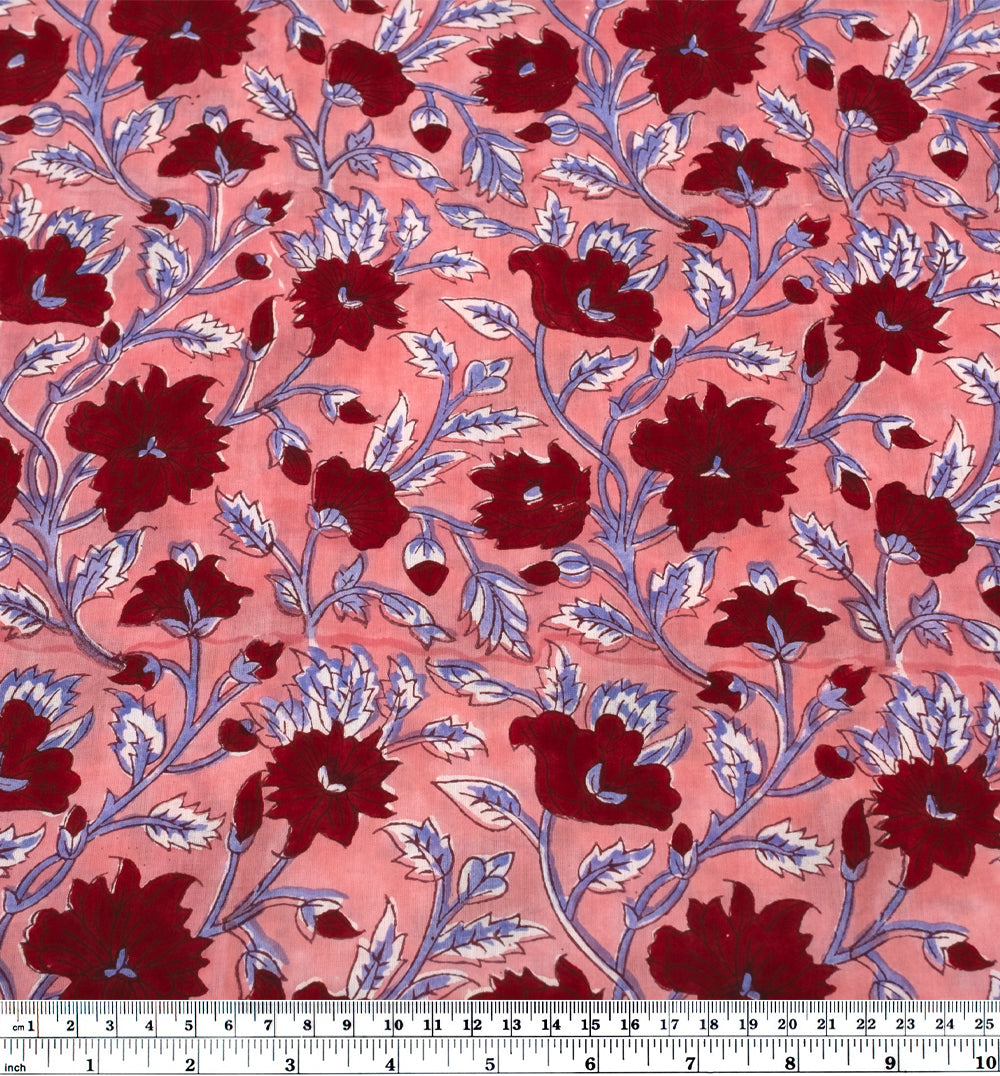 Tapestry Block Printed Organic Cotton Batiste - Rose/Bluebell/Crimson | Blackbird Fabrics