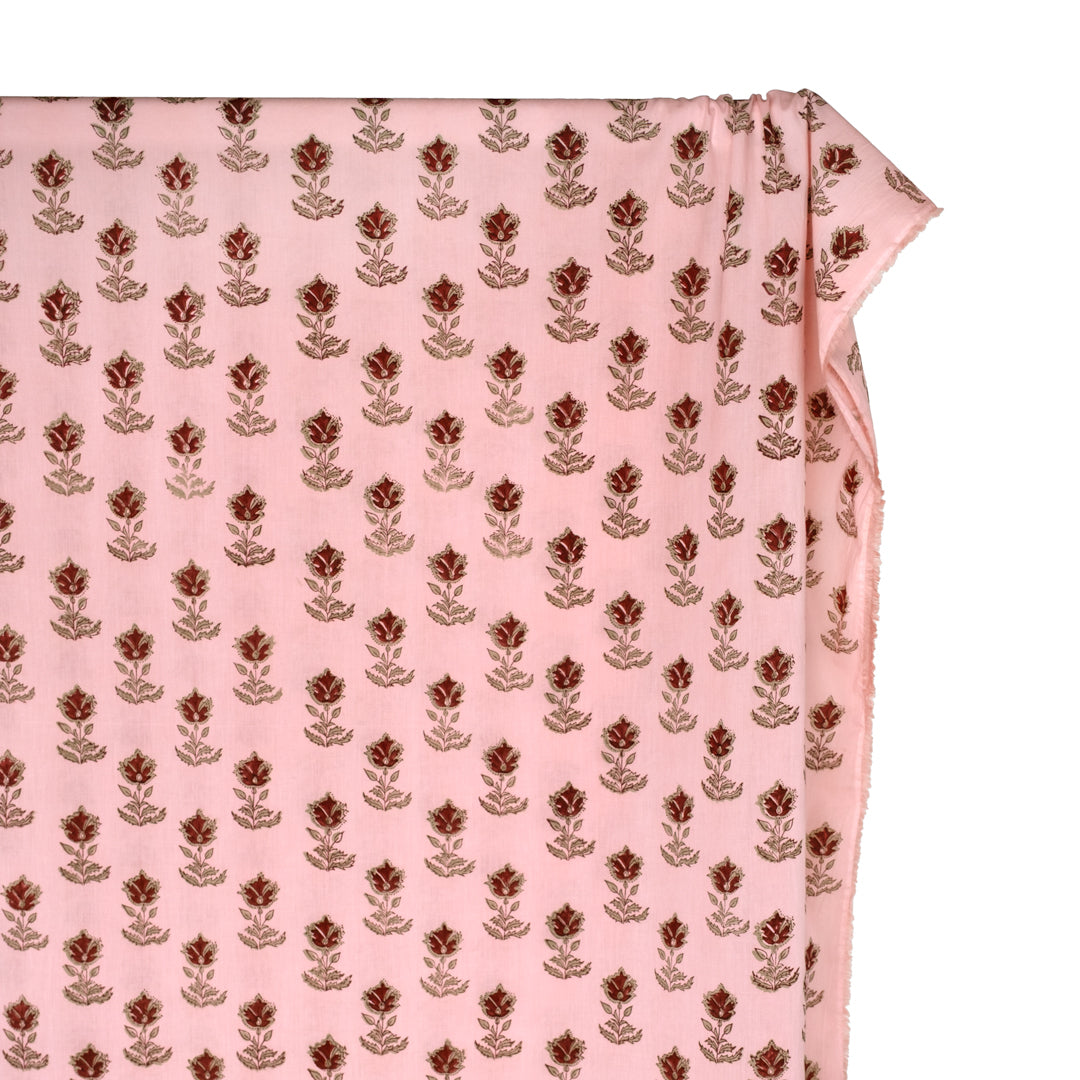Bloom Block Printed Organic Cotton Batiste - Petal/Flax/Maroon | Blackbird Fabrics