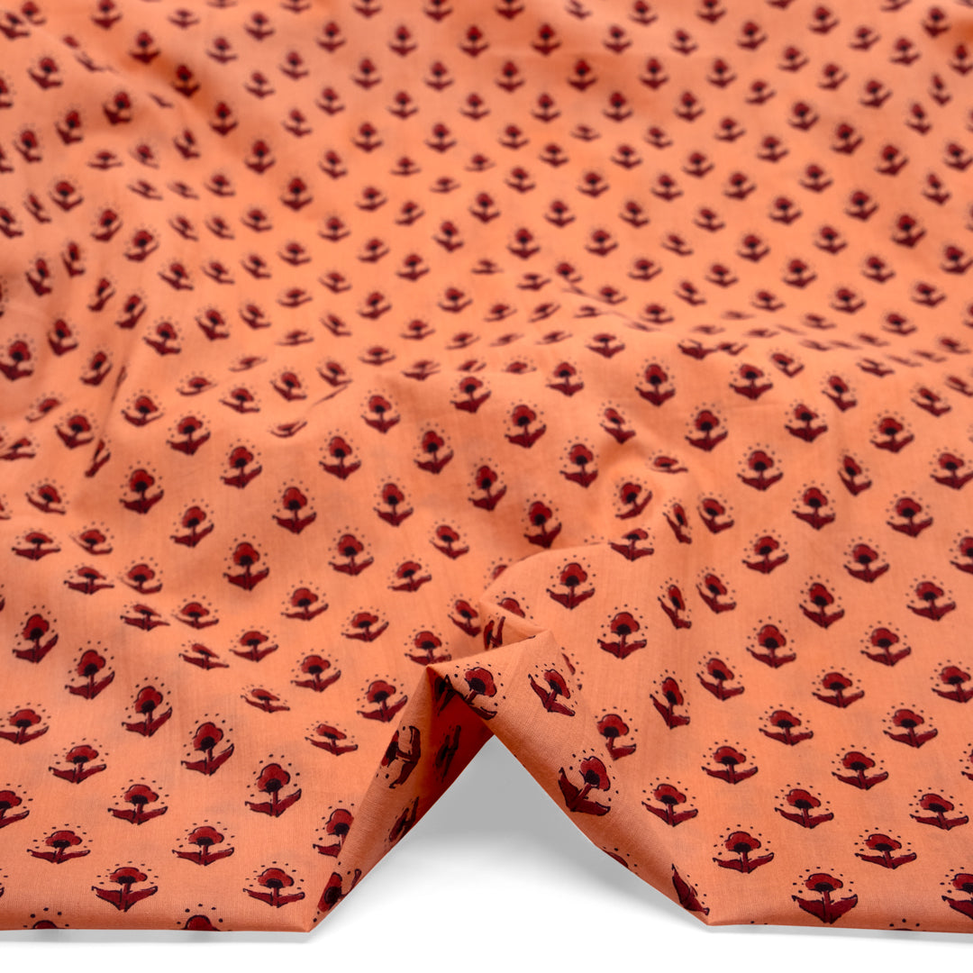 Bloom Block Printed Organic Cotton Batiste - Papaya/Burgundy | Blackbird Fabrics