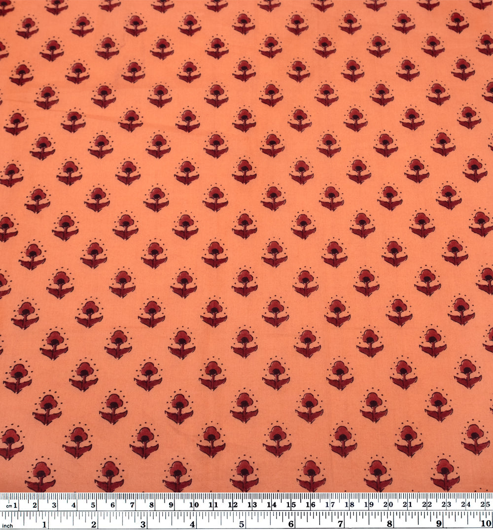 Bloom Block Printed Organic Cotton Batiste - Papaya/Burgundy | Blackbird Fabrics