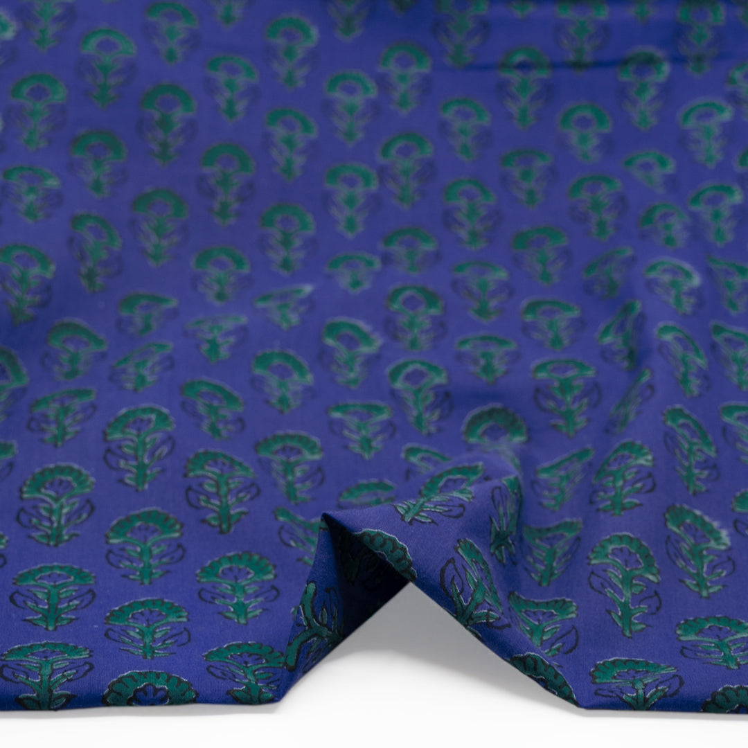 Bloom Block Printed Organic Cotton Batiste - Azure/Emerald | Blackbird Fabrics