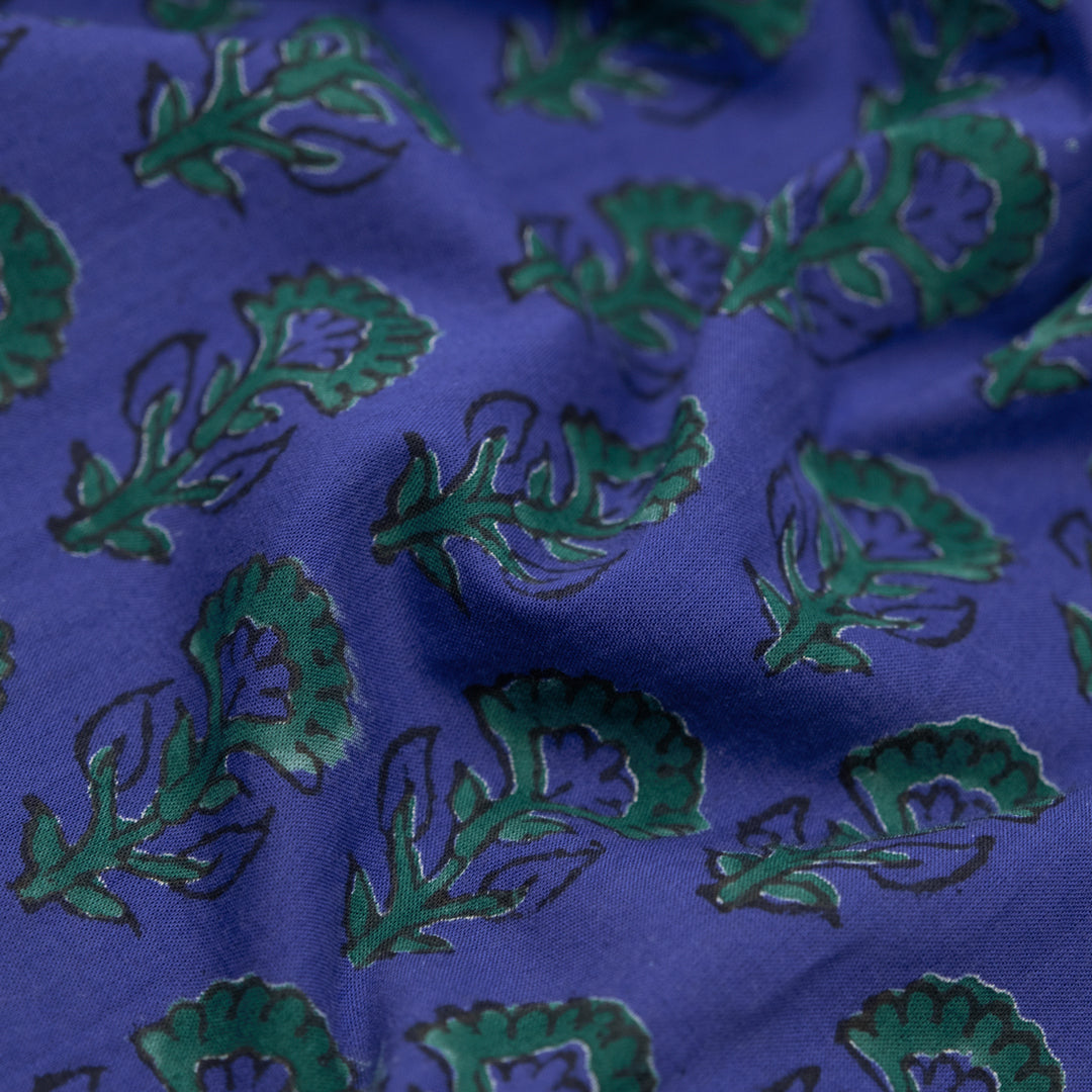 Bloom Block Printed Organic Cotton Batiste - Azure/Emerald | Blackbird Fabrics