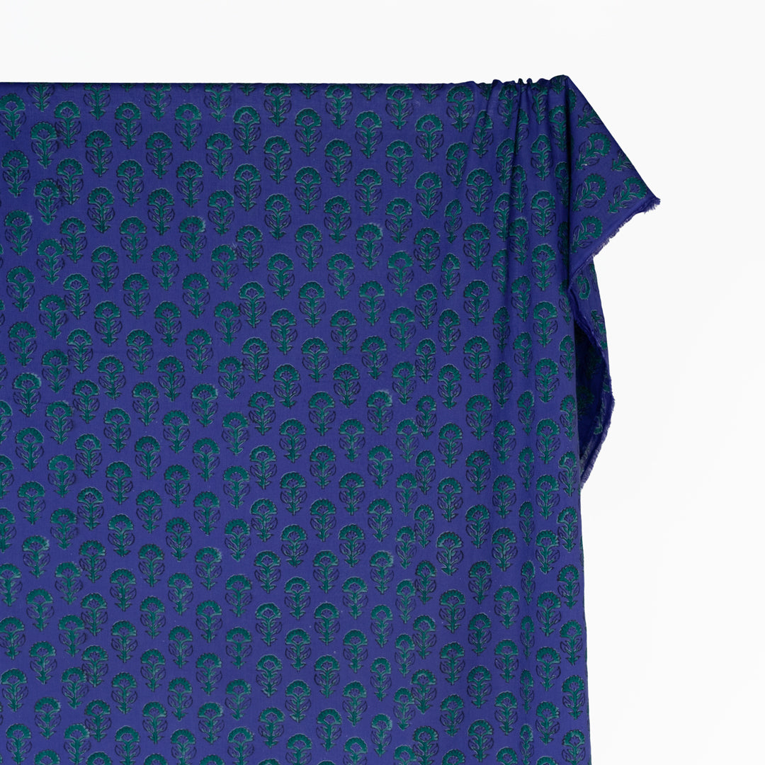 Bloom Block Printed Organic Cotton Batiste - Azure/Emerald | Blackbird Fabrics