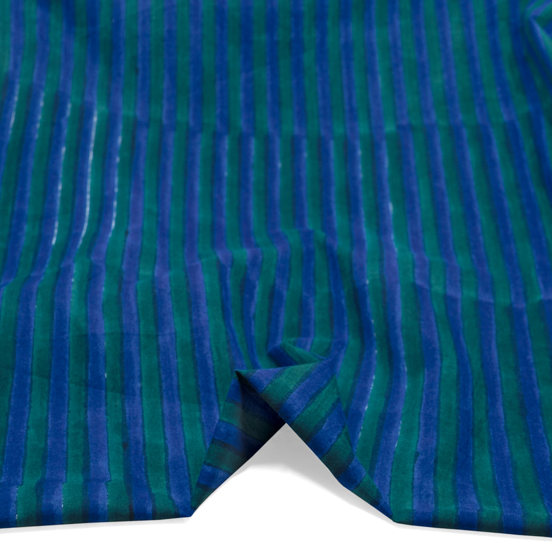 Stripe Block Printed Organic Cotton Batiste - Sapphire/Emerald | Blackbird Fabrics