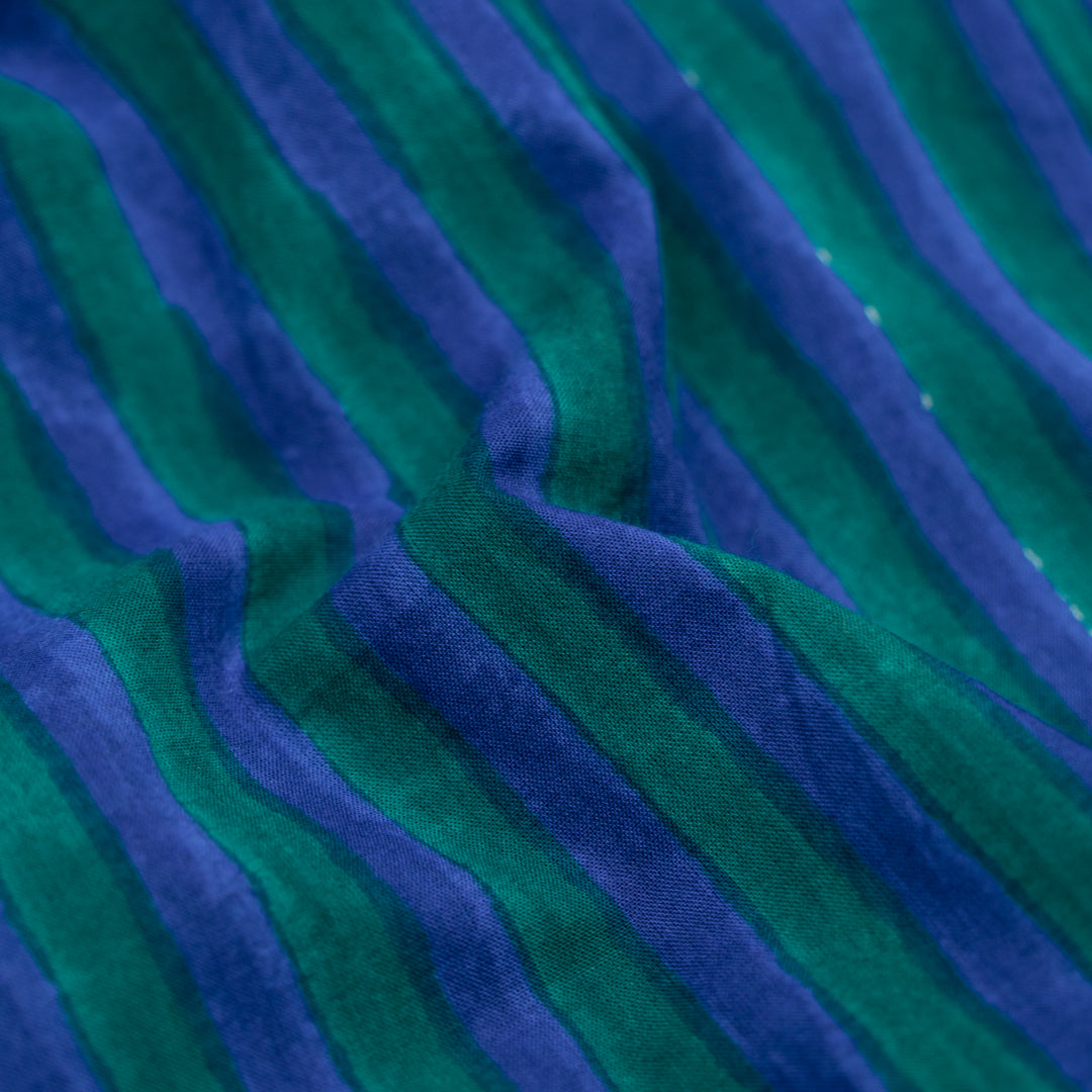 Stripe Block Printed Organic Cotton Batiste - Sapphire/Emerald | Blackbird Fabrics