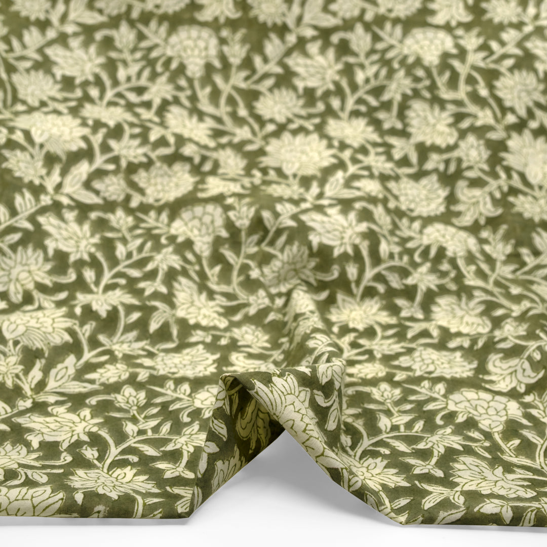 Vine Block Printed Organic Cotton Batiste - Thyme/Ivory | Blackbird Fabrics