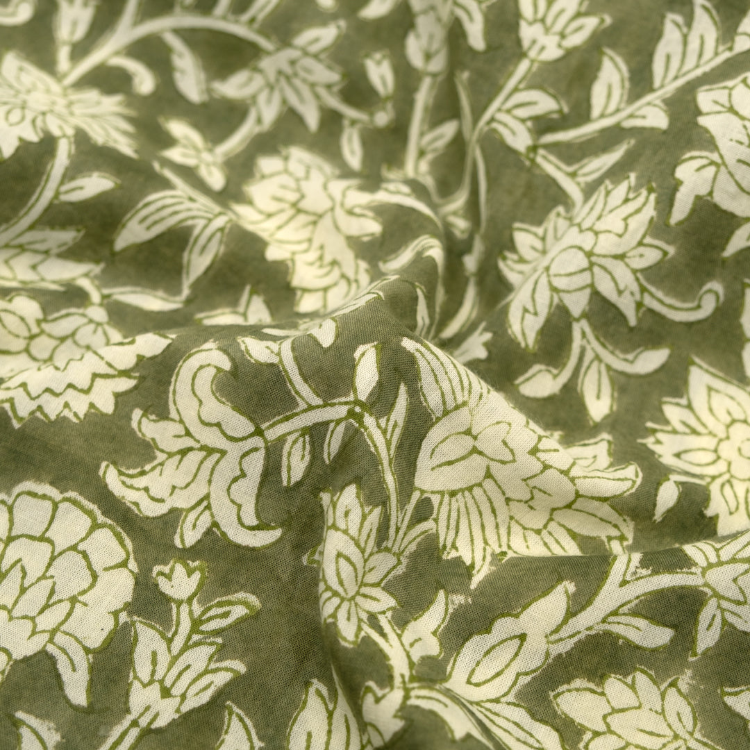 Vine Block Printed Organic Cotton Batiste - Thyme/Ivory | Blackbird Fabrics