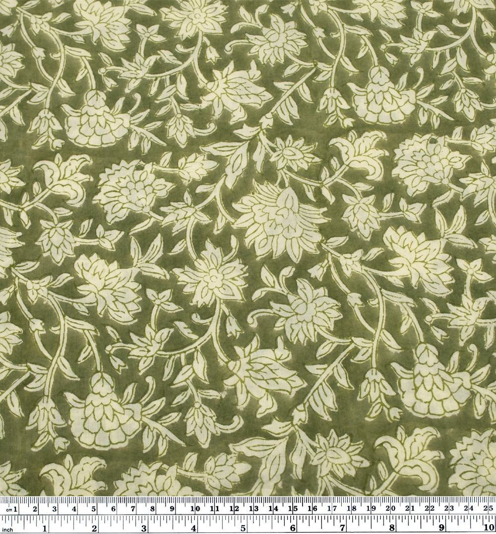 Vine Block Printed Organic Cotton Batiste - Thyme/Ivory | Blackbird Fabrics