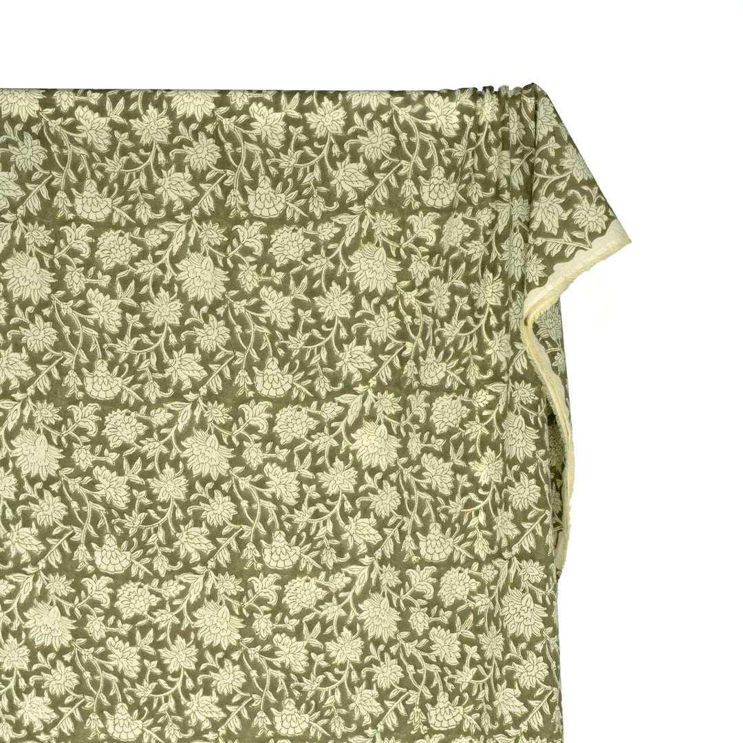 Vine Block Printed Organic Cotton Batiste - Thyme/Ivory | Blackbird Fabrics