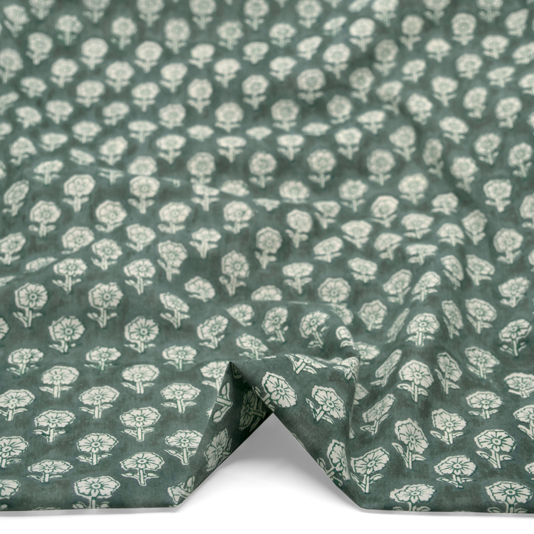Bloom Block Printed Organic Cotton Batiste - Dusty Jade/White | Blackbird Fabrics