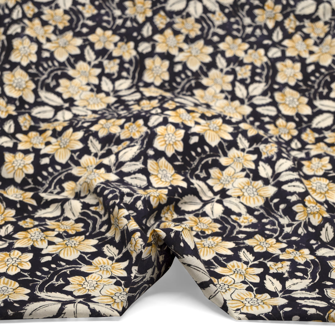 Tapestry Block Printed Organic Cotton Batiste - Vintage Black/Mustard/Cream | Blackbird Fabrics