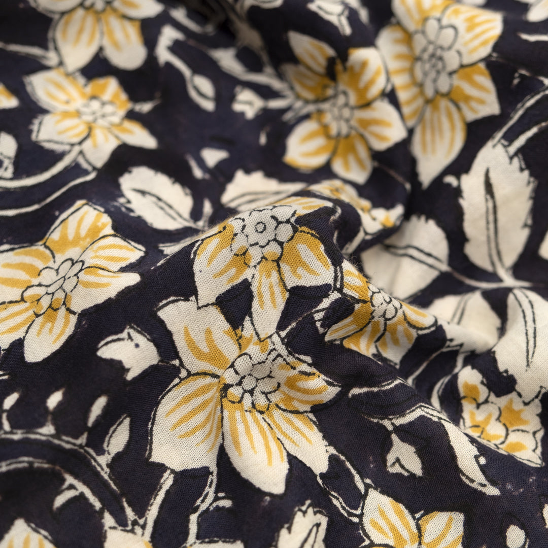 Tapestry Block Printed Organic Cotton Batiste - Vintage Black/Mustard/Cream | Blackbird Fabrics