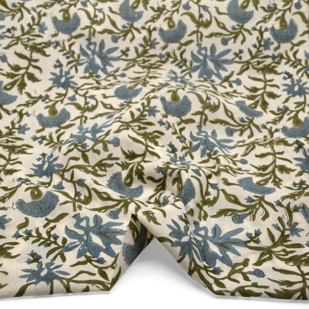 Vine Block Printed Organic Cotton Batiste - Ivory/Ocean Mist/Juniper | Blackbird Fabrics