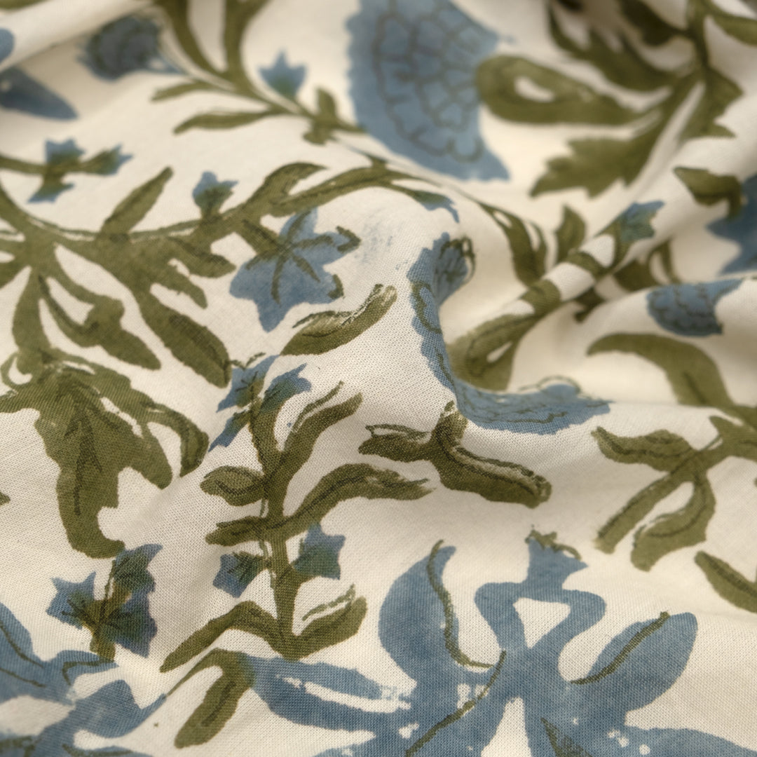Vine Block Printed Organic Cotton Batiste - Ivory/Ocean Mist/Juniper | Blackbird Fabrics