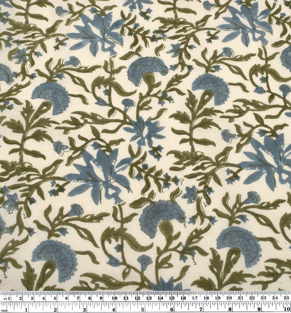Vine Block Printed Organic Cotton Batiste - Ivory/Ocean Mist/Juniper | Blackbird Fabrics