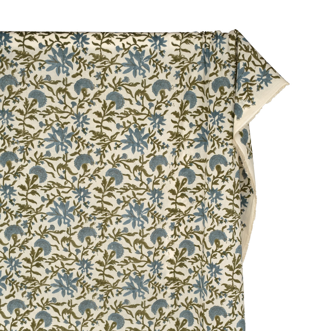 Vine Block Printed Organic Cotton Batiste - Ivory/Ocean Mist/Juniper | Blackbird Fabrics