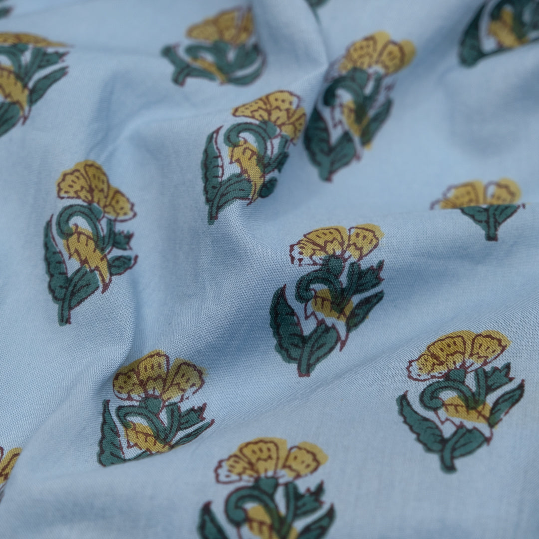 Bloom Block Printed Organic Cotton Batiste - Pond/Mallard/Hay | Blackbird Fabrics