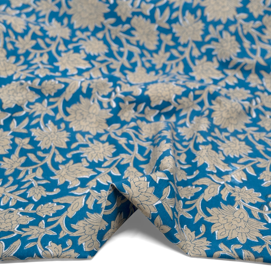 Vine Block Printed Organic Cotton Batiste - Blue Bird/Flax | Blackbird Fabrics