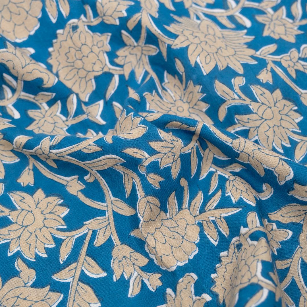 Vine Block Printed Organic Cotton Batiste - Blue Bird/Flax | Blackbird Fabrics