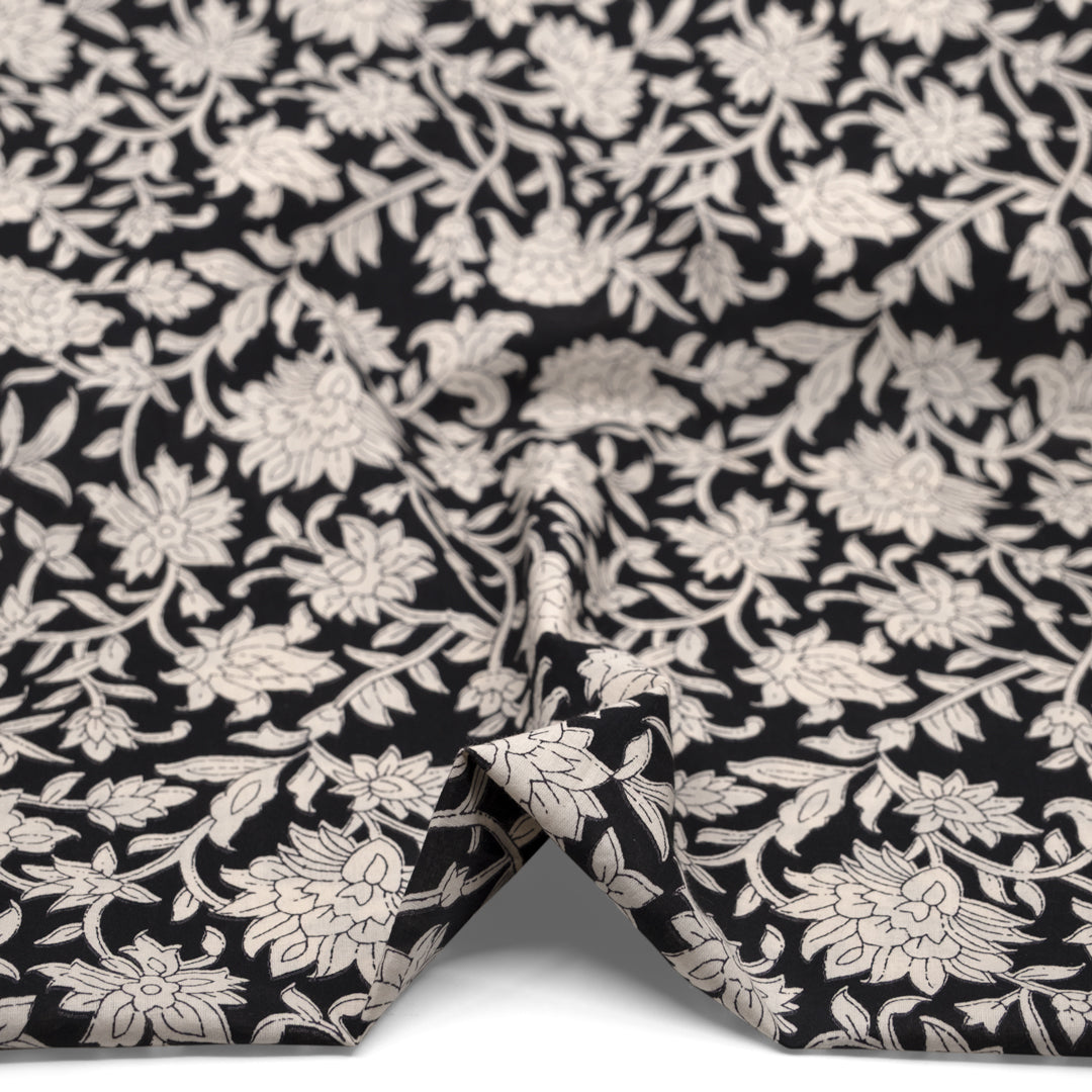 Vine Block Printed Organic Cotton Batiste - Black/Eggshell | Blackbird Fabrics