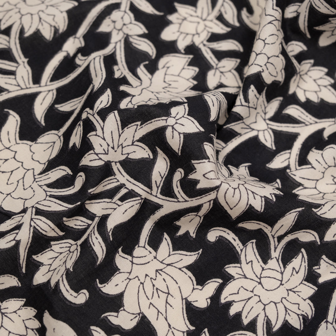 Vine Block Printed Organic Cotton Batiste - Black/Eggshell | Blackbird Fabrics
