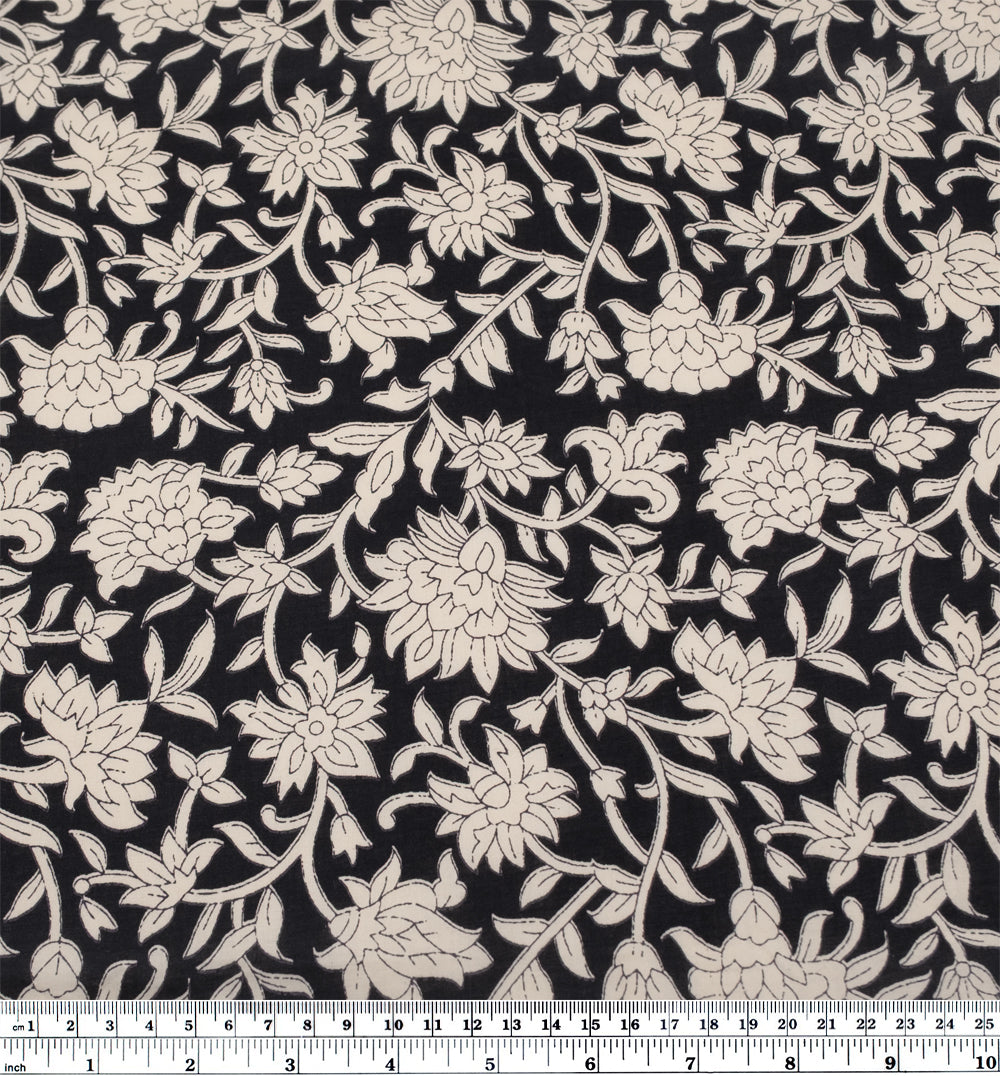 Vine Block Printed Organic Cotton Batiste - Black/Eggshell | Blackbird Fabrics