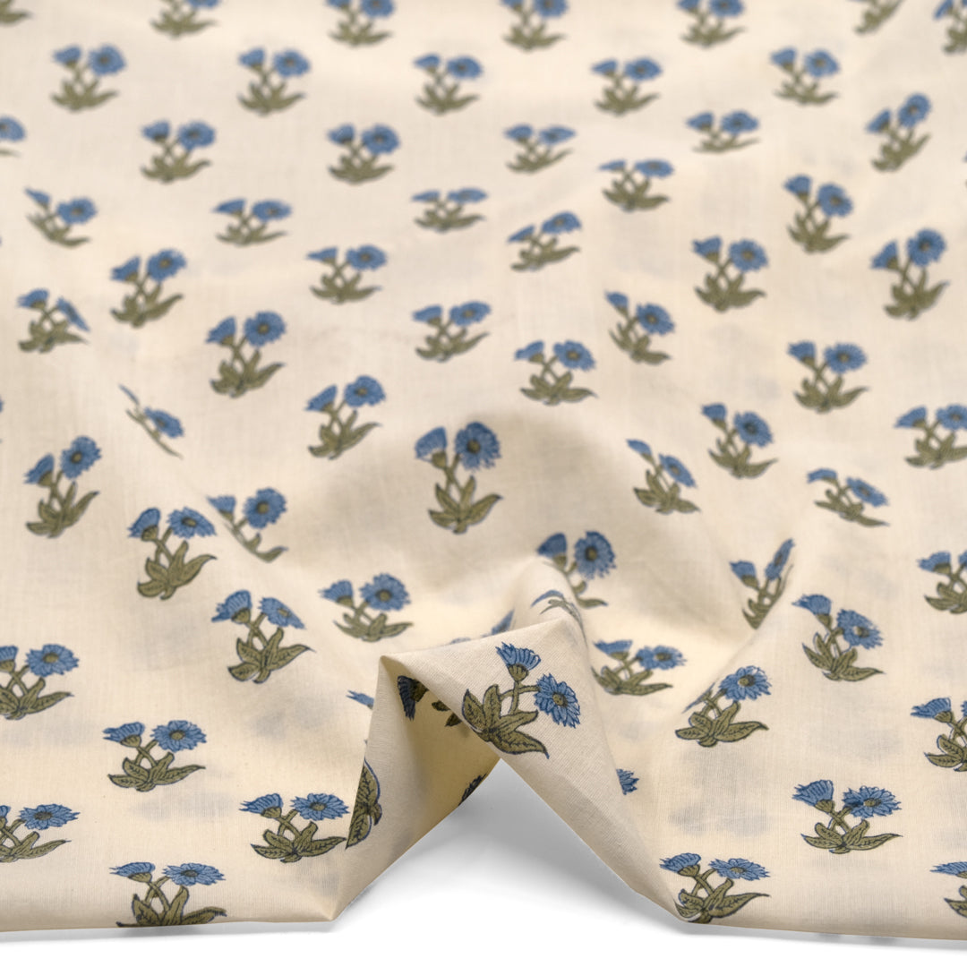 Bloom Block Printed Organic Cotton Batiste - Ivory/Thyme/Pacific | Blackbird Fabrics