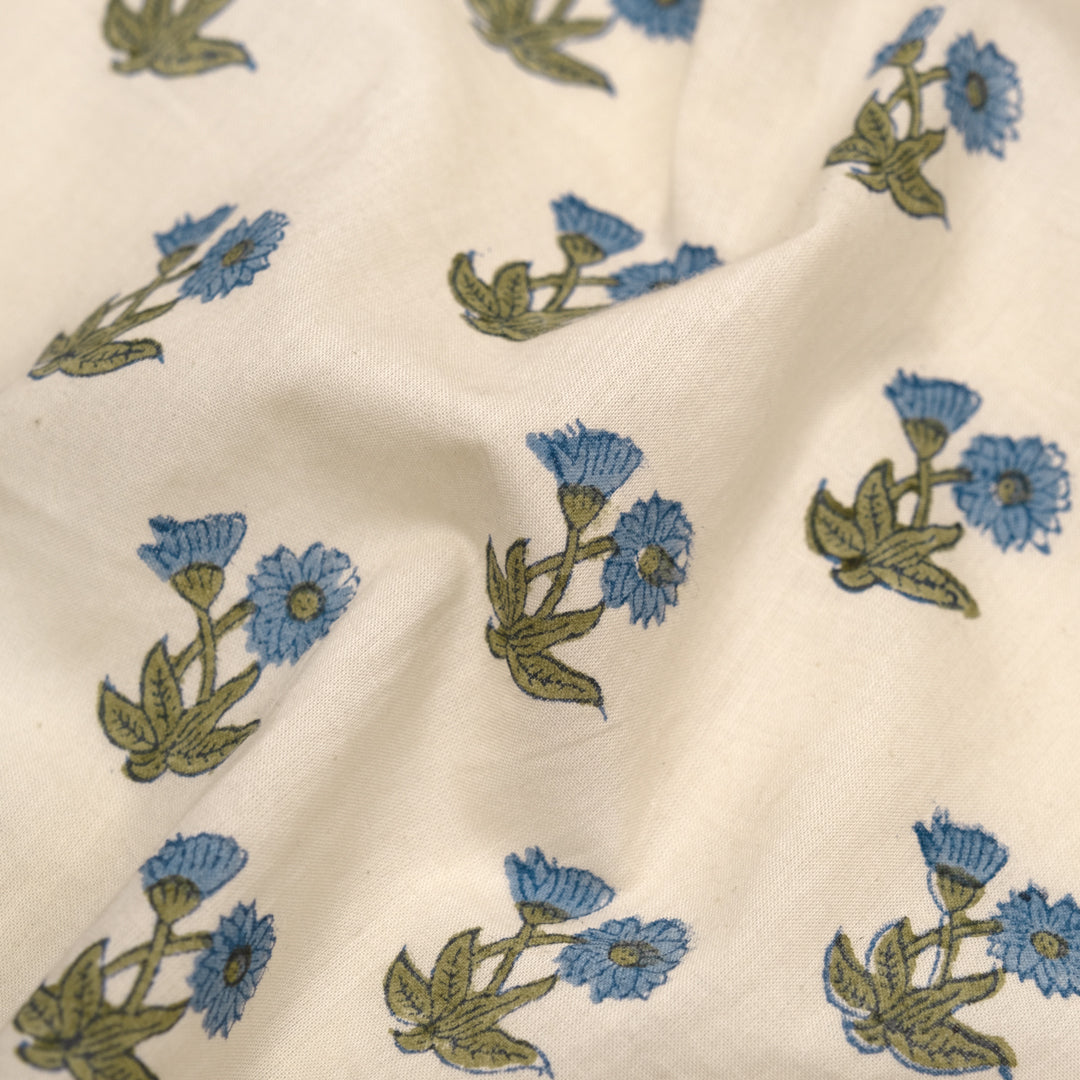 Bloom Block Printed Organic Cotton Batiste - Ivory/Thyme/Pacific | Blackbird Fabrics