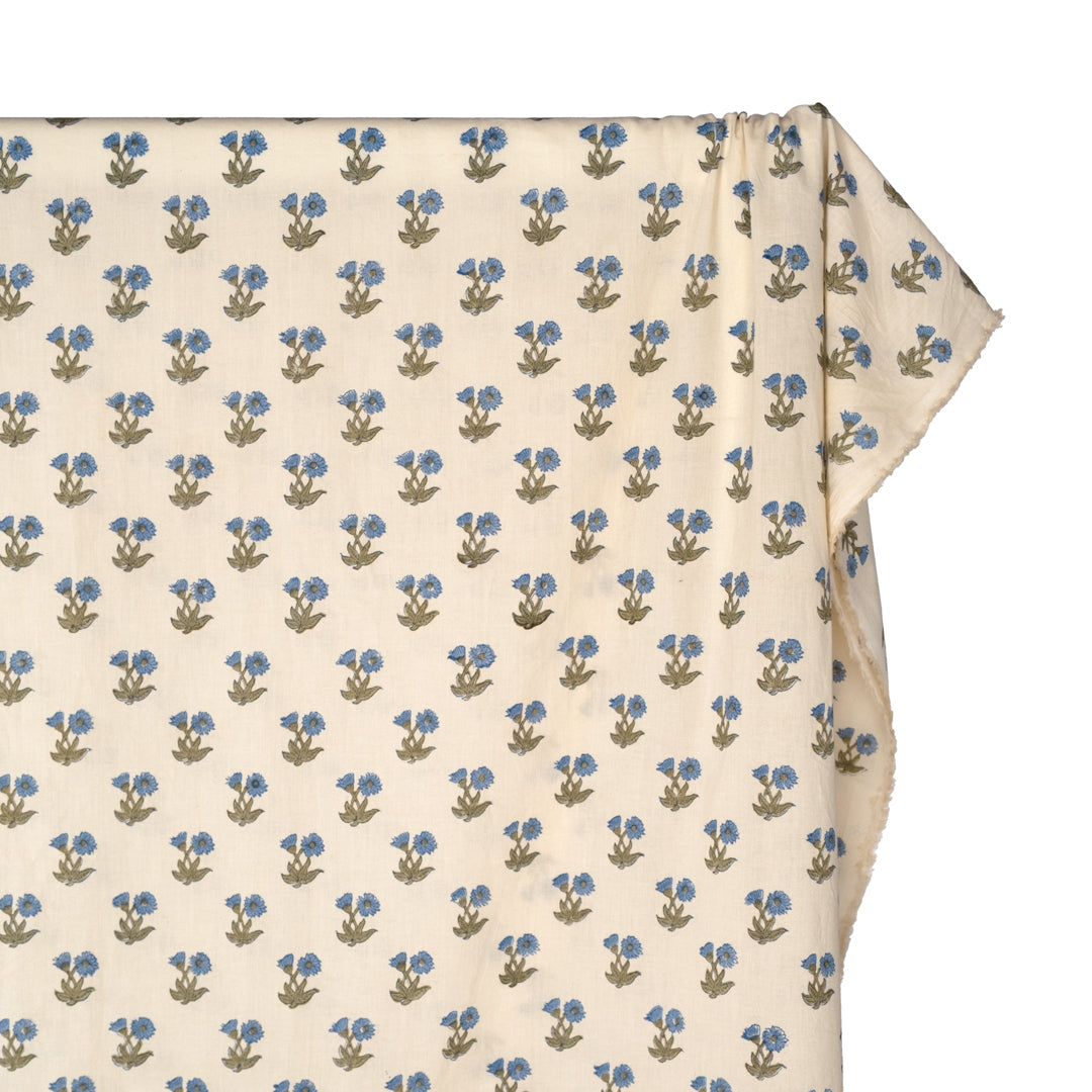Bloom Block Printed Organic Cotton Batiste - Ivory/Thyme/Pacific | Blackbird Fabrics