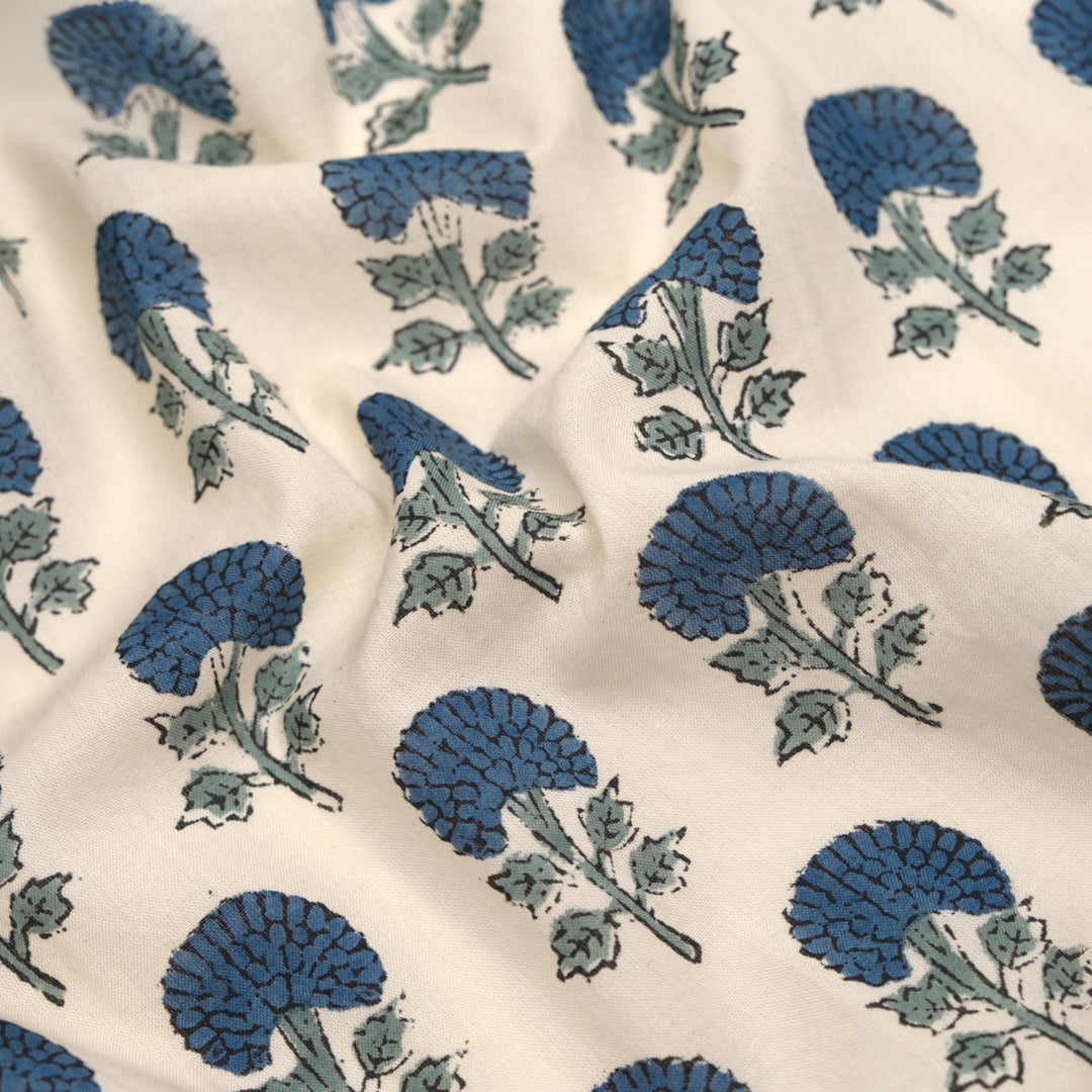 Bloom Block Printed Organic Cotton Batiste - Parchment/Ocean/Dusty Jade | Blackbird Fabrics