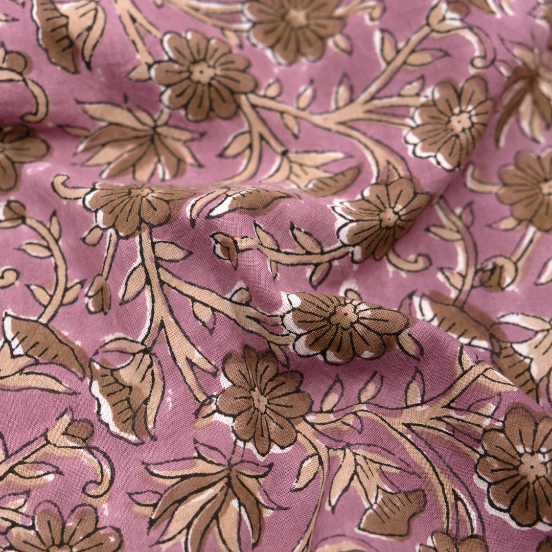 Vine Block Printed Organic Cotton Batiste - Thistle/Crimini | Blackbird Fabrics