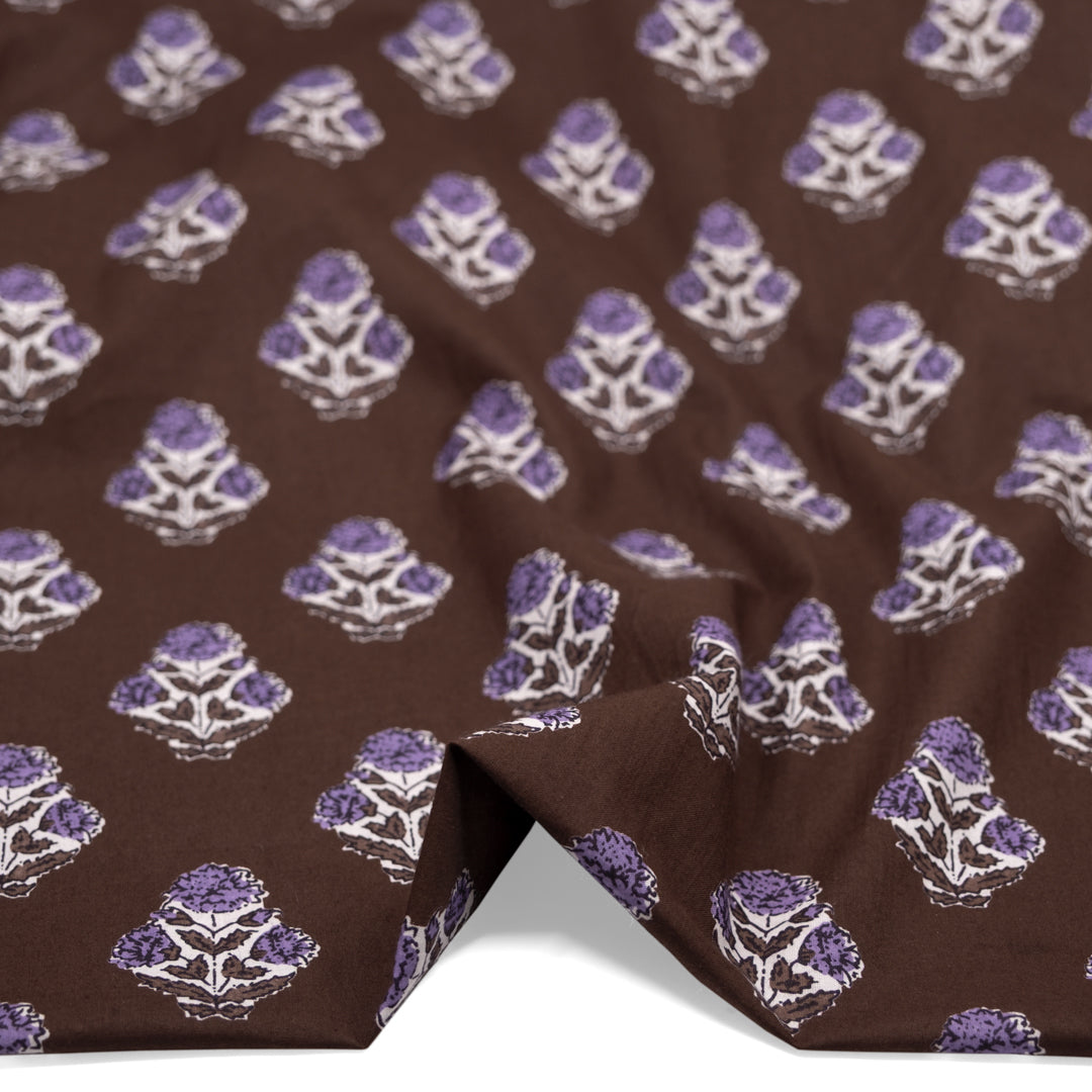 Bloom Block Printed Organic Cotton Batiste - Brownie/White/Lavender | Blackbird Fabrics