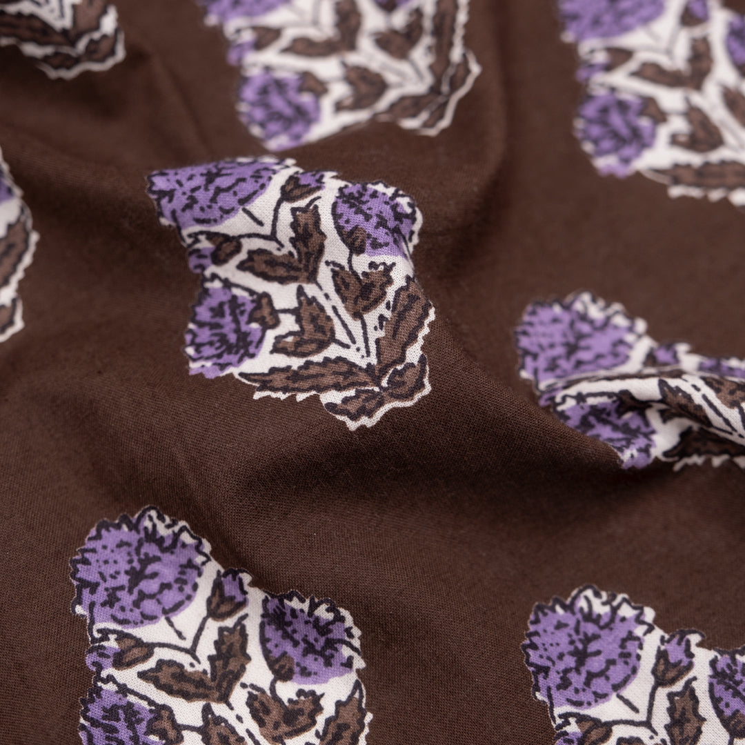 Bloom Block Printed Organic Cotton Batiste - Brownie/White/Lavender | Blackbird Fabrics