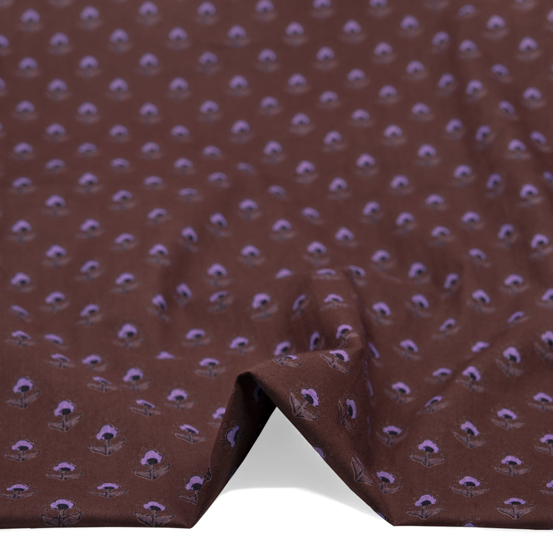 Bloom Block Printed Organic Cotton Batiste - Coffee Liqueur/Black/Lavender | Blackbird Fabrics