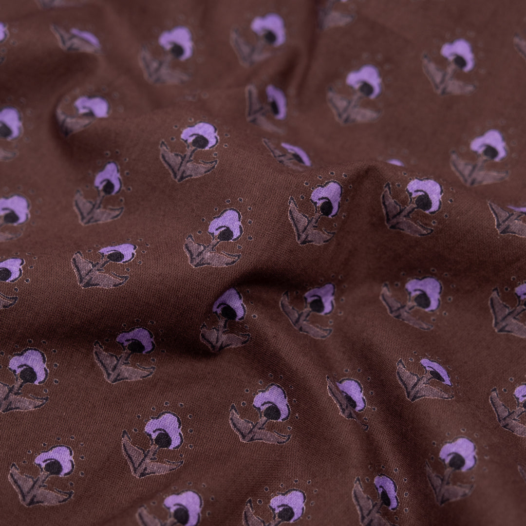 Bloom Block Printed Organic Cotton Batiste - Coffee Liqueur/Black/Lavender | Blackbird Fabrics