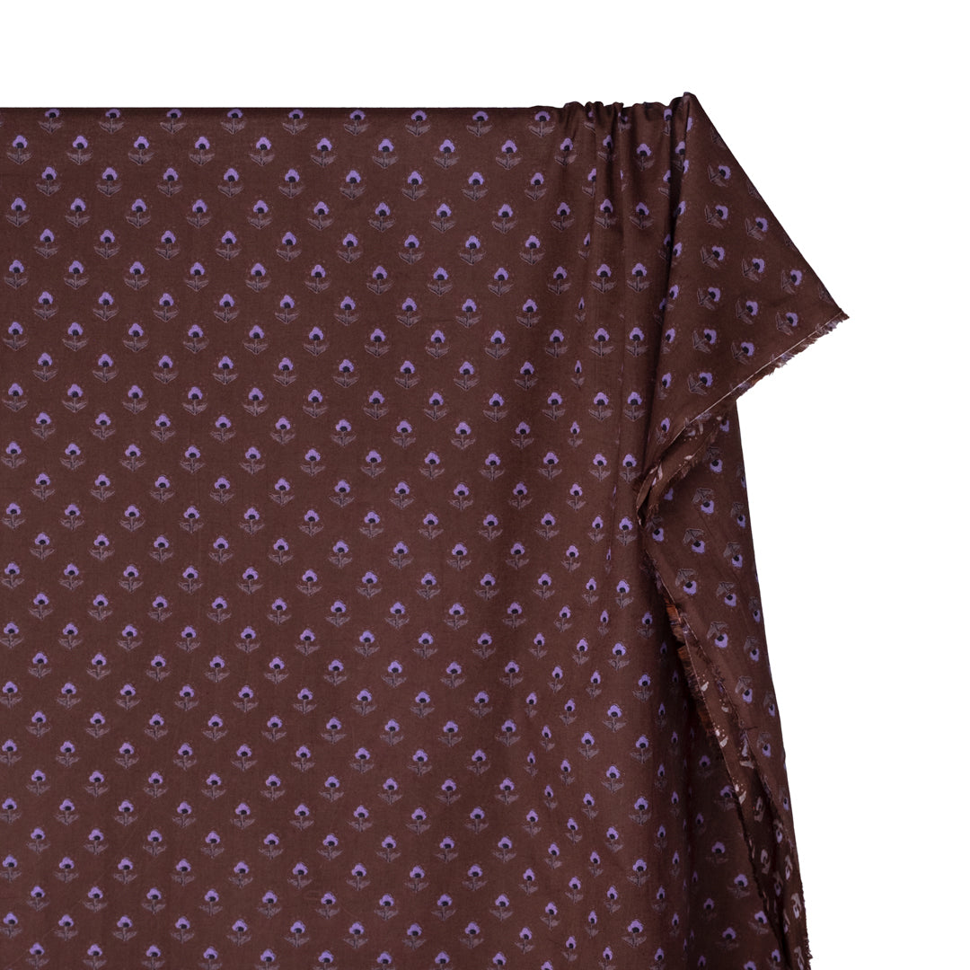 Bloom Block Printed Organic Cotton Batiste - Coffee Liqueur/Black/Lavender | Blackbird Fabrics