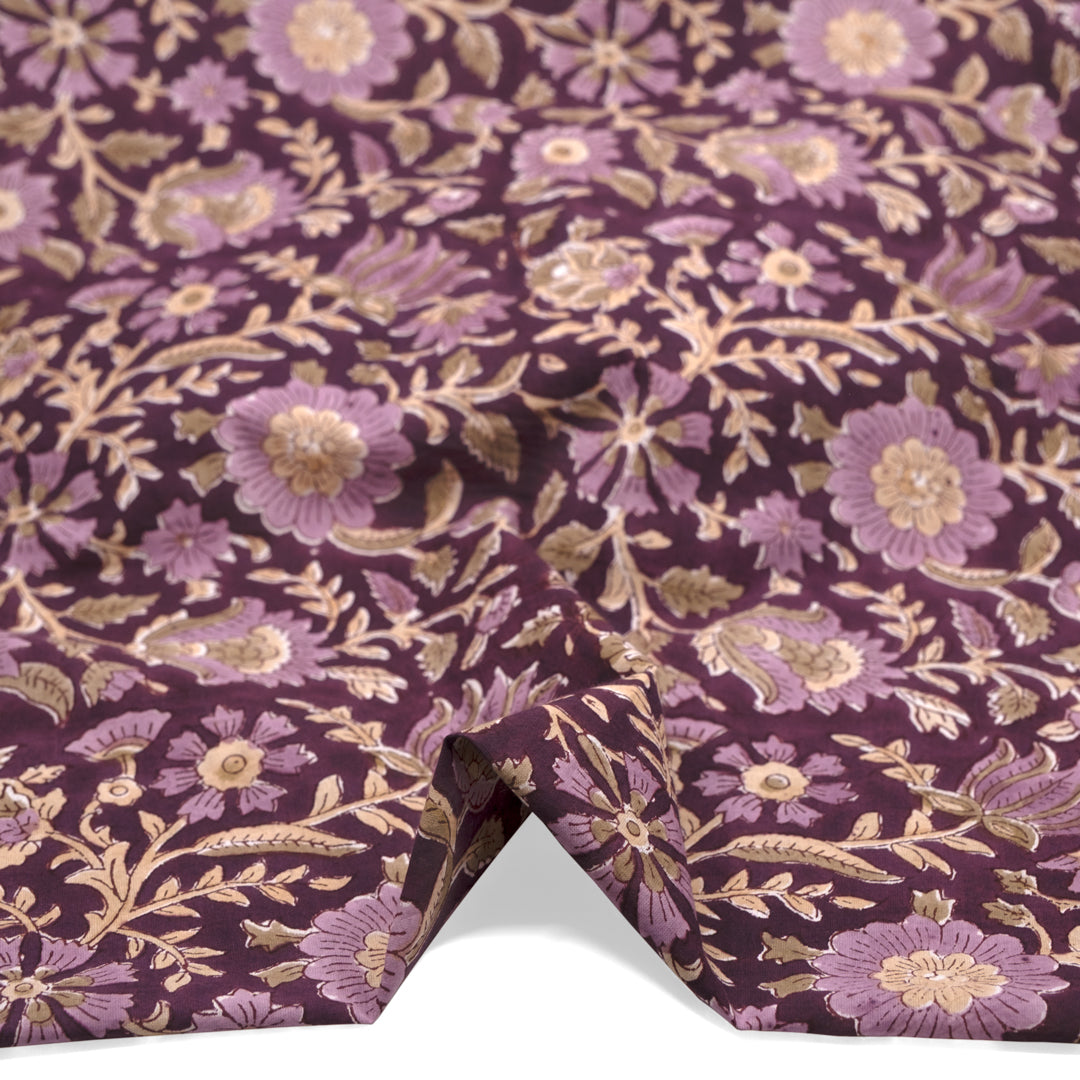 Tapestry Block Printed Organic Cotton Batiste - Plum/Thistle/Bone | Blackbird Fabrics
