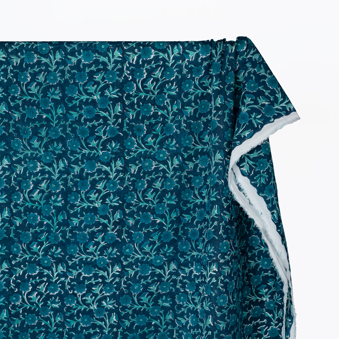 Vine Block Printed Organic Cotton Batiste - Deep Harbour/Turquoise | Blackbird Fabrics