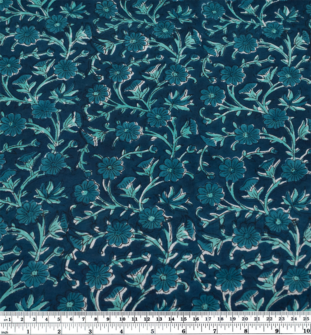 Vine Block Printed Organic Cotton Batiste - Deep Harbour/Turquoise | Blackbird Fabrics