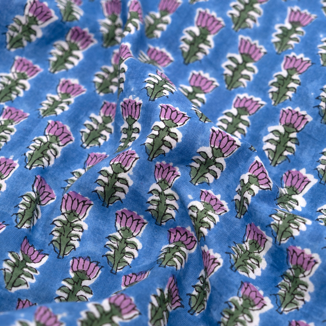 Bloom Block Printed Organic Cotton Batiste - Marlin/Fox Glove/Grass | Blackbird Fabrics