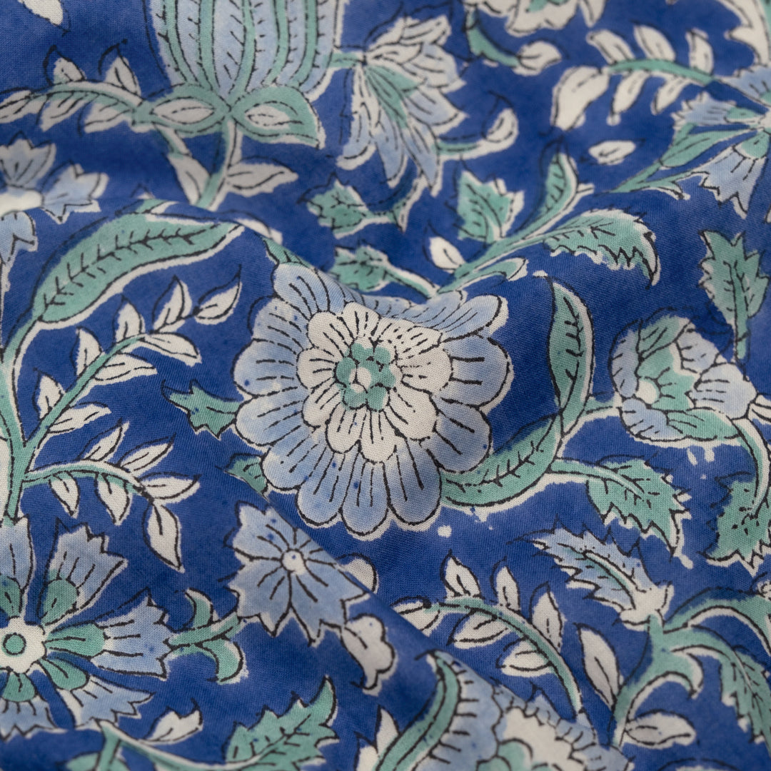 Tapestry Block Printed Organic Cotton Batiste - Sapphire/Powder Blue/Mint | Blackbird Fabrics