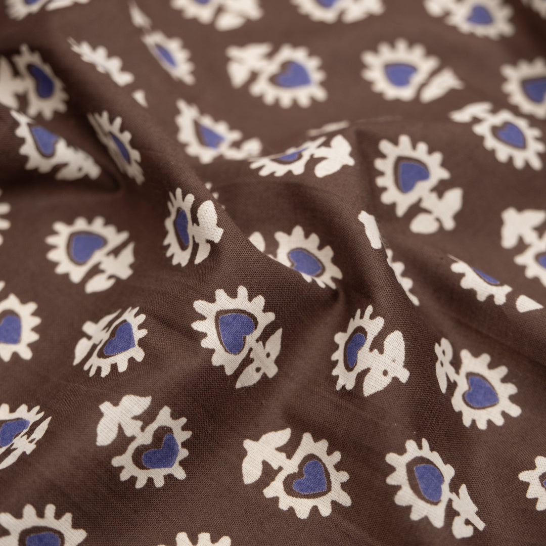 Bloom Block Printed Organic Cotton Batiste - Mink/Ivory/Bluebell | Blackbird Fabrics