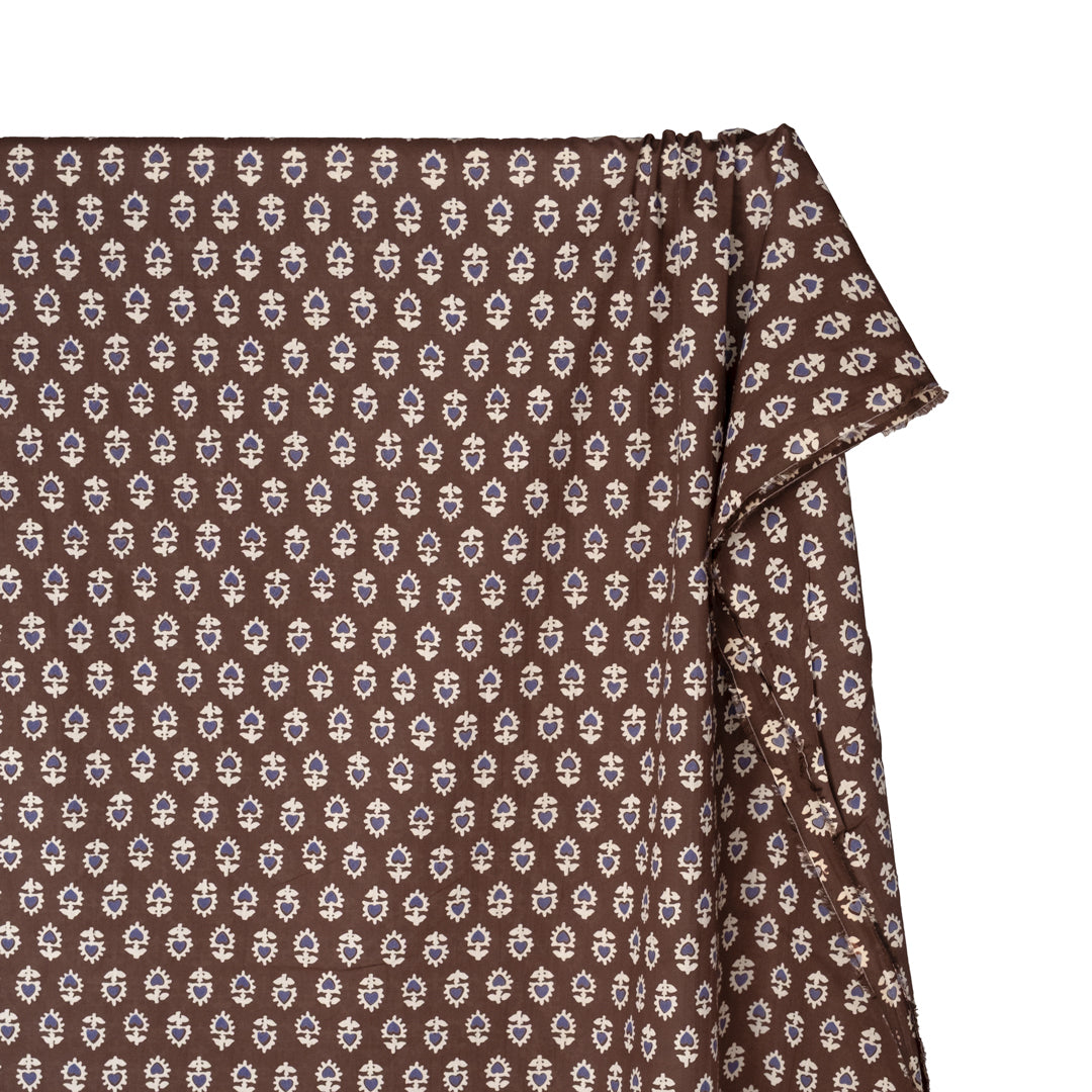 Bloom Block Printed Organic Cotton Batiste - Mink/Ivory/Bluebell | Blackbird Fabrics