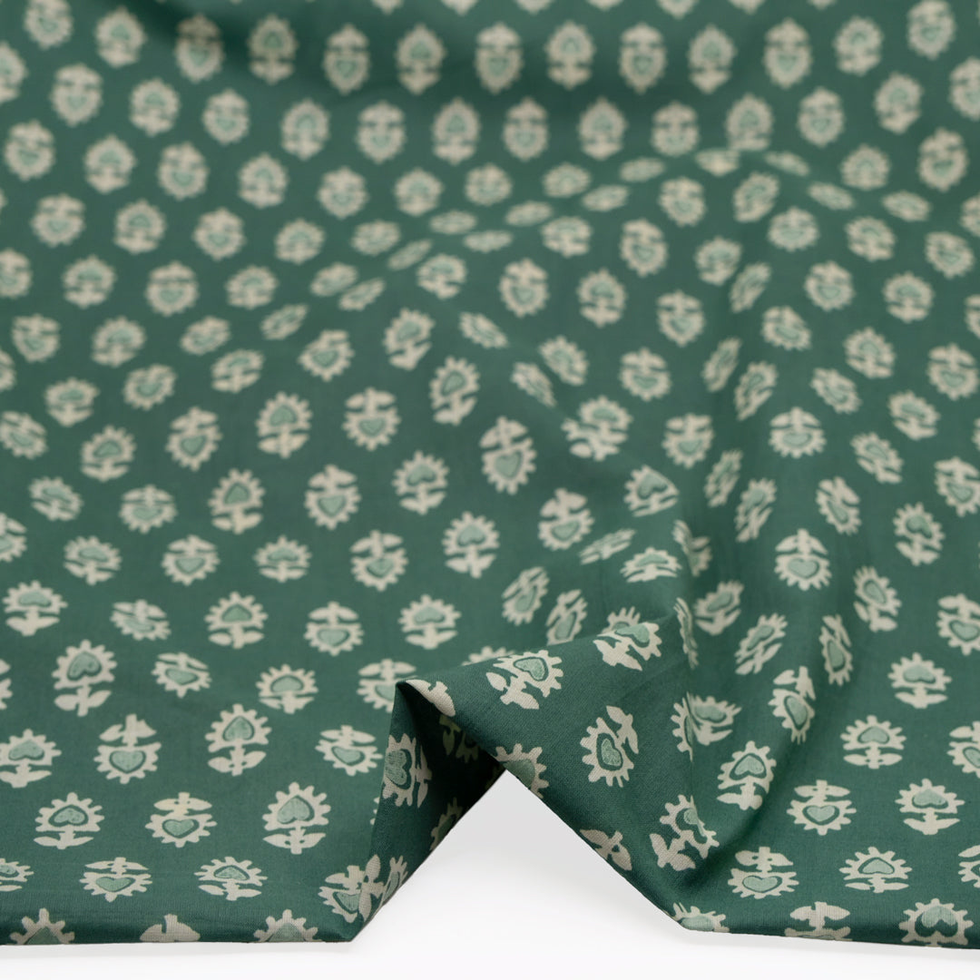 Bloom Block Printed Organic Cotton Batiste - Jade/Limestone | Blackbird Fabrics
