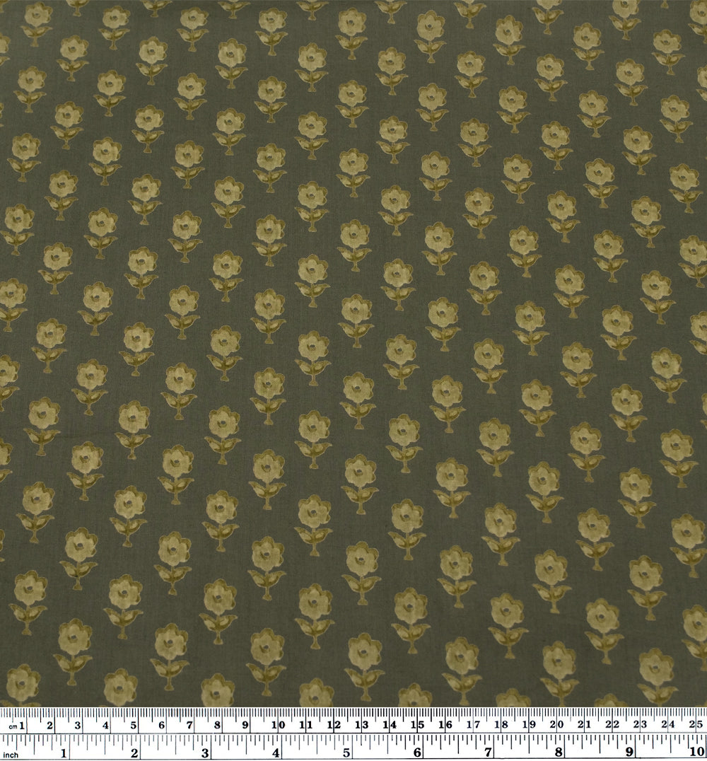 Bloom Block Printed Organic Cotton Batiste - Khaki/Cactus | Blackbird Fabrics