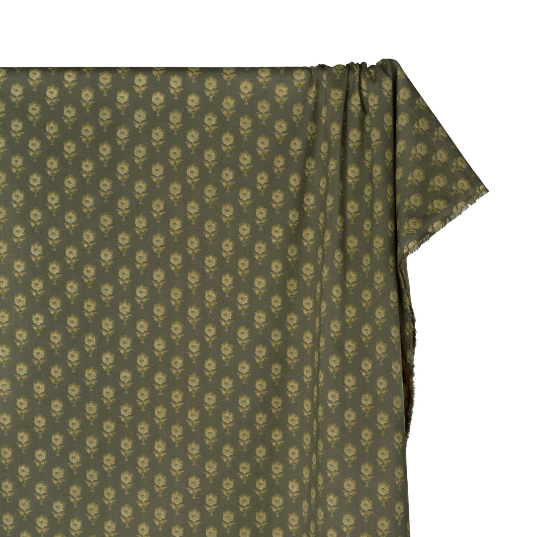 Bloom Block Printed Organic Cotton Batiste - Khaki/Cactus | Blackbird Fabrics