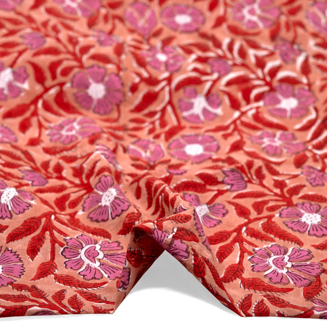 Tapestry Block Printed Organic Cotton Batiste - Peach/Fire Red/Gumdrop | Blackbird Fabrics