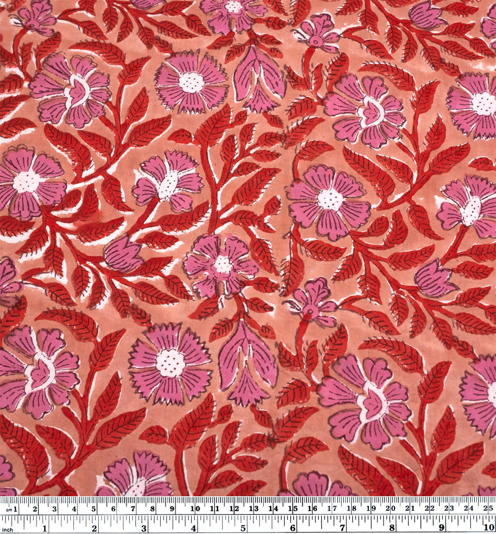 Tapestry Block Printed Organic Cotton Batiste - Peach/Fire Red/Gumdrop | Blackbird Fabrics