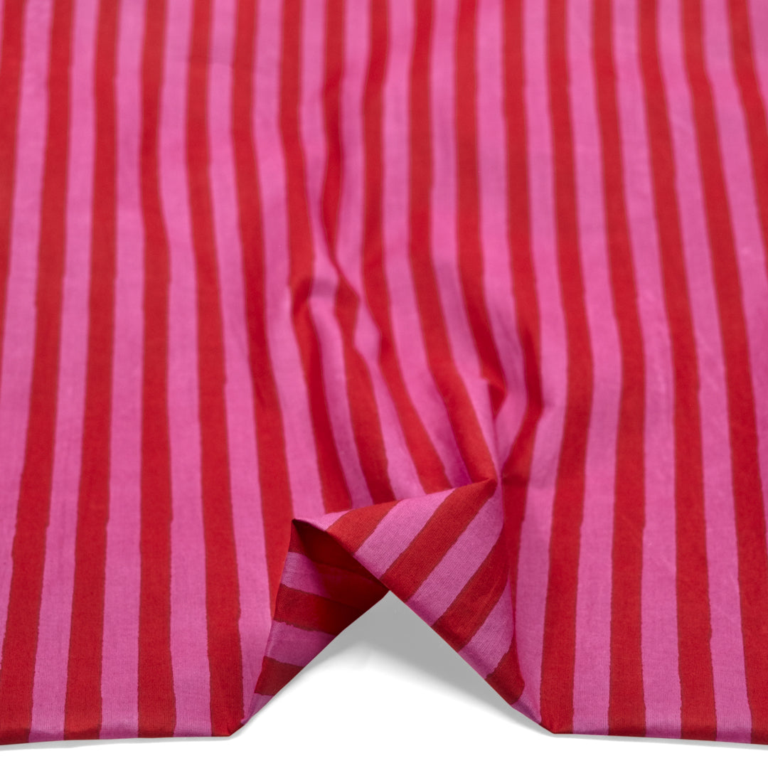 Stripe Block Printed Organic Cotton Batiste - Tomato/Tulip | Blackbird Fabrics